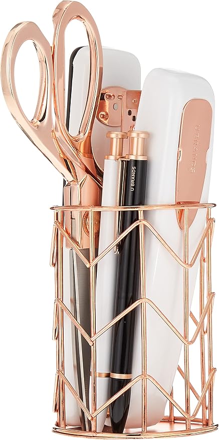 U Brands Desktop Accessory Kit, Office Supplies Set, Wire Metal, Rose Gold, 10-Pieces