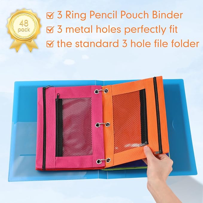 Leelosp 48 Pack Pencil Pouch for 3 Ring Binder,Bright Colors | Bulk Mesh Zipper Binder Pouches Pencil Boxes for Classroom Pencils Case Bags for Storing School Students Teacher Supplies