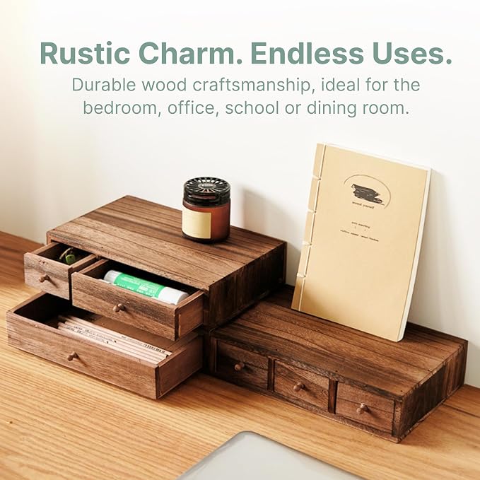 Stackable 3-Piece Set - Wood Desk Organizer with Drawers – Desktop Organization for Office, Crafts, Makeup, Sewing, Emboridery DMC Floss & Small Accessories – Rustic Storage Box with 6 Slots