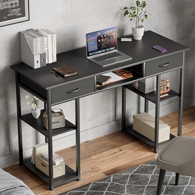DUMOS 48-Inch Computer Desk with Drawers and Hook, Black | Home Office Desk for Bedroom, Gaming Writing Study Desk with Adjustable Feet
