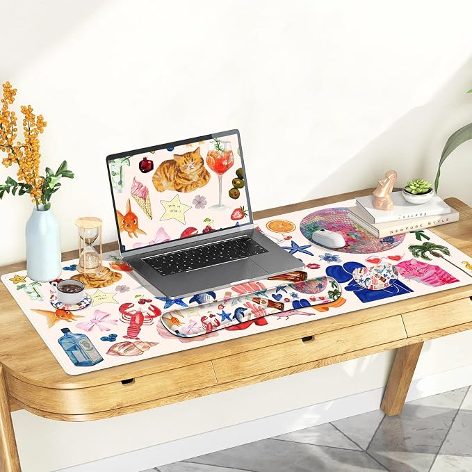 Large Gaming Mouse Pad Set, 4 in 1 Ergonomics Keyboard Desk Mat with Memory Foam Wrist Rest, Computer Extended Game Mousepad, Non-Slip Desk Matt Easy Typing Pain Relief I Colorful Stickers
