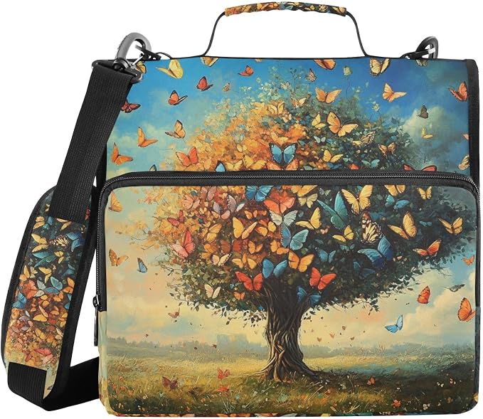 ALAZA Tree and Colorful Butterflies Zipper Binder 1.5 inch 3 Ring Binder Organizer with Shoulder Strap and Handle for Home Office Work