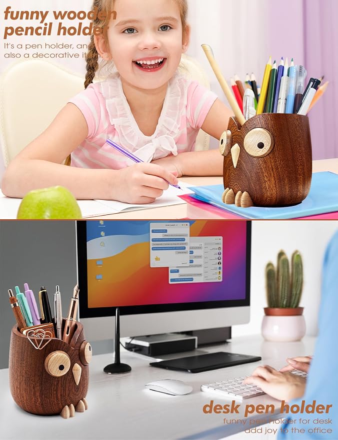 Solid Wood Owl Pen Holder for Desk with Magnetic Spinning Eyes, Funny Pencil Holder, Cute Desk Accessories, Home Office Decor, Gift for Teachers, Coworkers, Friends & Family