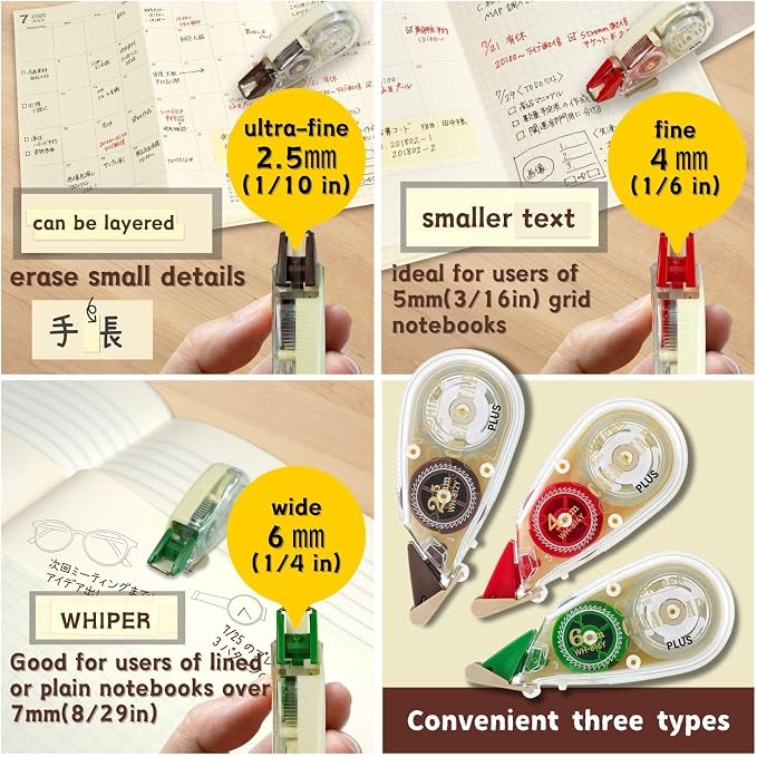 Correction Tape Whiper Petit Cream Color Tape 3 Size Set 2.5mm, 4mm, 6mm(1/10 in,1/6 in,1/4in) And Sticky Notes Set WH-812Y 51-641, WH-814Y 51-642, WH-816Y 51-644