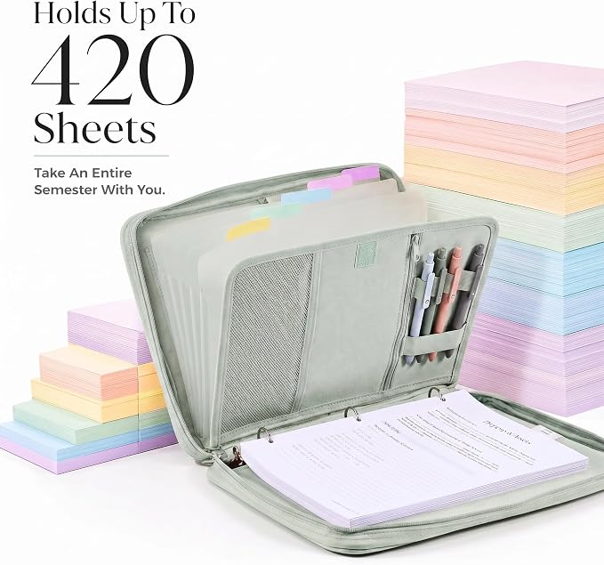 Sturdy 3 Ring Zipper Binder with Strap for School - Beautiful 1 Inch Zip Up Binder with 5-Tab Dividers Holds 420 Sheets, Books & Laptop - Easy to Carry Trapper Keeper Made of Premium Fabrics