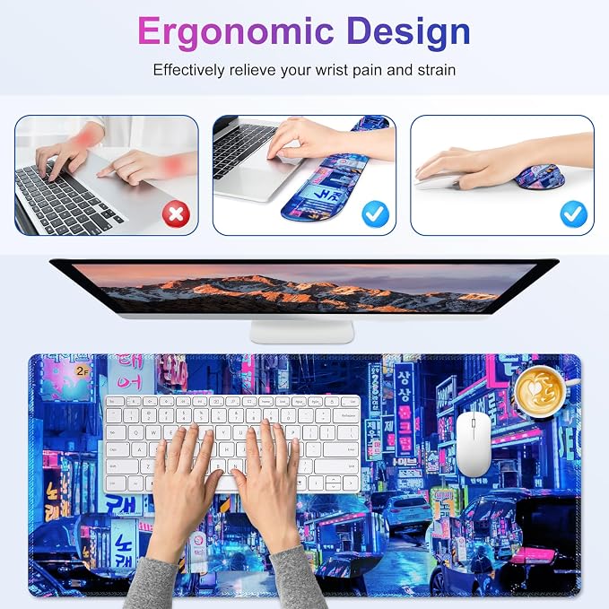 Large Gaming Mouse Pad Set, 4 in 1 Extended Keyboard Desk Mat with Wrist Rest, Computer Game Mousepad, Non-Slip Desk Pad Protector Easy Typing Pain Relief for Home Office I Anime Neon Street