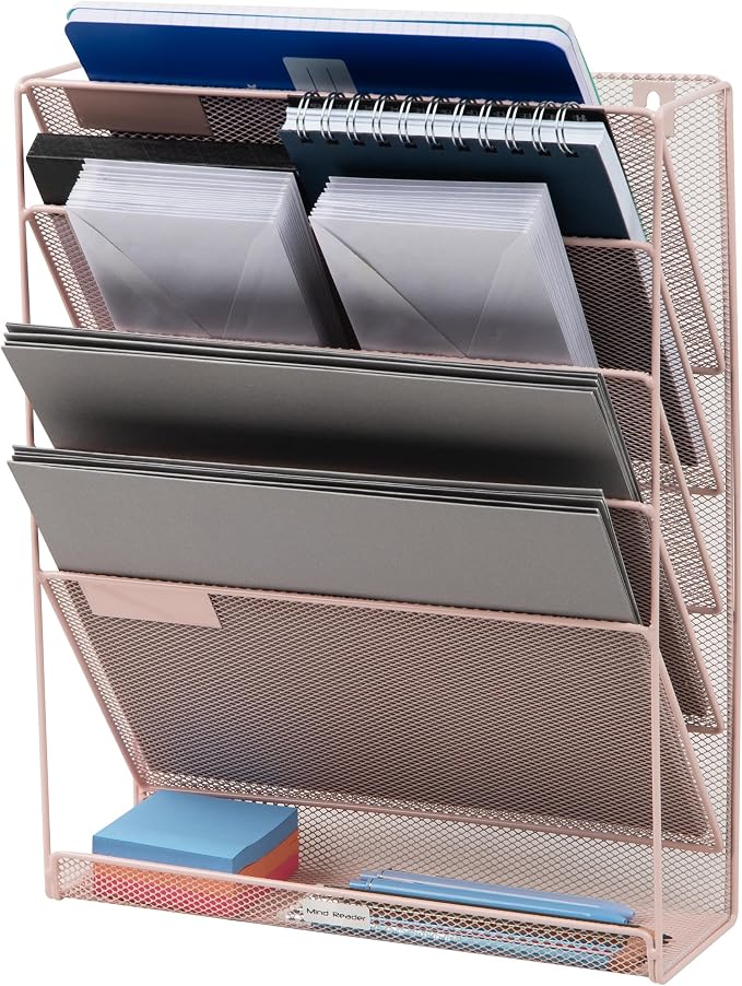 Mind Reader 5-Tier Vertical File Storage, Desktop Organizer, Wall Mount, Office, Metal Mesh, 12.75" L x 4" W x 16" H, Pink (Pack of 4)