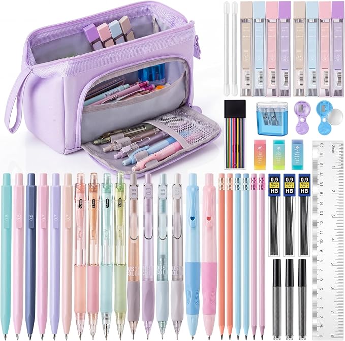 Eersida 47 Pcs Aesthetic School Supplies with Cute Pen Case, Mechanical Pencils 0.5mm, 0.7mm, 0.9mm & 2.0mm with Leads and Eraser Refills, Wood Pencils #2, for Writing, Drawing & Drafting(Purple)