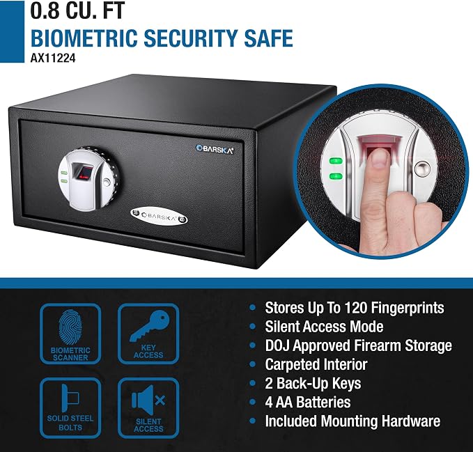 Barska AX11224 Biometric Fingerprint Security Home Safe Box 0.79 Cubic Ft, Black | Biometric fingerprint lock with mounting hardware and backup keys for firearms, jewelry and valuables