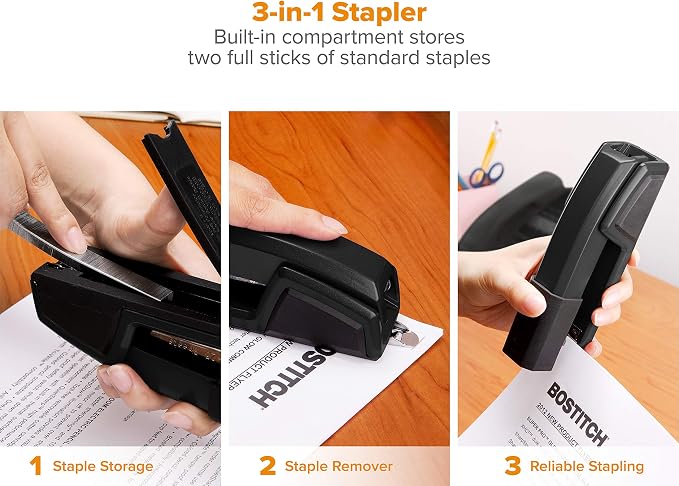Bostitch Office Epic Metal Desk Stapler, 25 Sheet, Staple Remover, Black | Die-cast body opens 180 degrees for bulletin boards, with a temporary stapling option and a hidden slot for backup fasteners.