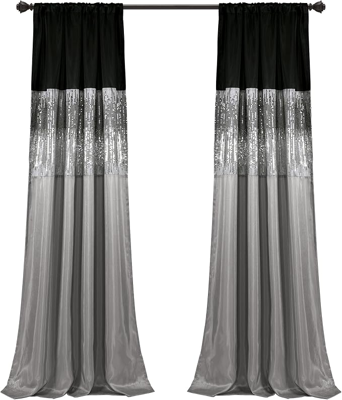Lush Decor Night Sky Window Curtain Panel, Single 42"W x 84"L Black & Gray - Sequin Backdrop Curtain - Room Darkening Curtains For Bedroom - Glam Decor