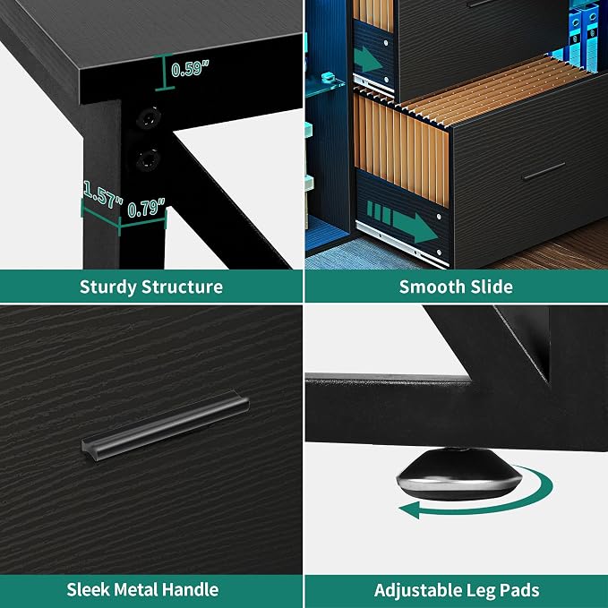 YITAHOME L Shaped Desk with Power Outlets & File Cabinet,55" Reversible Corner Computer Desk with Drawers & LED Lights, L-Shaped Desk with 4 Glass Open Storage Shelves, Black