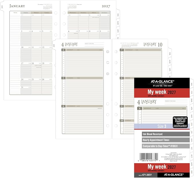 AT-A-GLANCE 2027 Planner Refill, Weekly & Monthly, 3.75" x 6.75", Portable Size 3, Tabbed, 6-Ring Loose-Leaf (471-285Y-27)