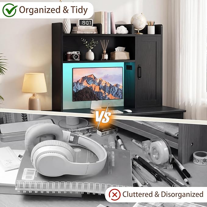 Desktop Storage Shelf, 37.4" Computer Desk Organizer 3-Tier Wood | Desktop Storage Shelf Desk Hutch Dorm with RGB LED Light & Power Outlets for PC Gamers, Office, College Dorm Must Haves-Black