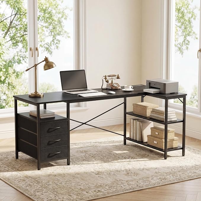 Alpen L Shaped Desk, Black Desk for Bedroom, Gaming Table with Power Outlets, 3 Drawers and Shelves, Large Corner Desk for Gaming, Study Writing PC Table for Work, 55 Inch