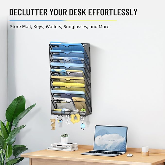 10-Tier Wall File Organizer with Hooks, Hanging File Organizer | Metal Mesh Mail Organizer, Wall Mounted File Organizer for Home, Classroom, Office Organization