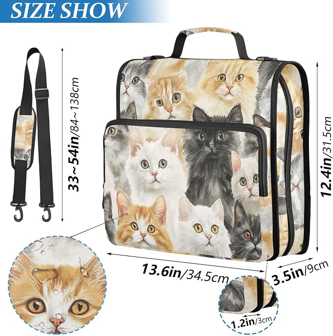 Fisyme Vintage Cats Cute Zipper Binder 3 Ring with Zipper and Shoulder Strap Large Capacity Multi-Pocket Binder Organizer