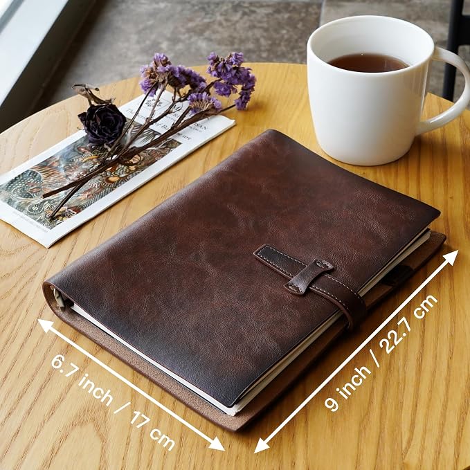 Refillable A5 Leather Binder Notebook, Reusable Leather Journal, Vintage Organizer with 6-Ring Metal Binder, Weekly & Monthly Planner Paper & Pocket, for Writers Business Work Study College and Daily
