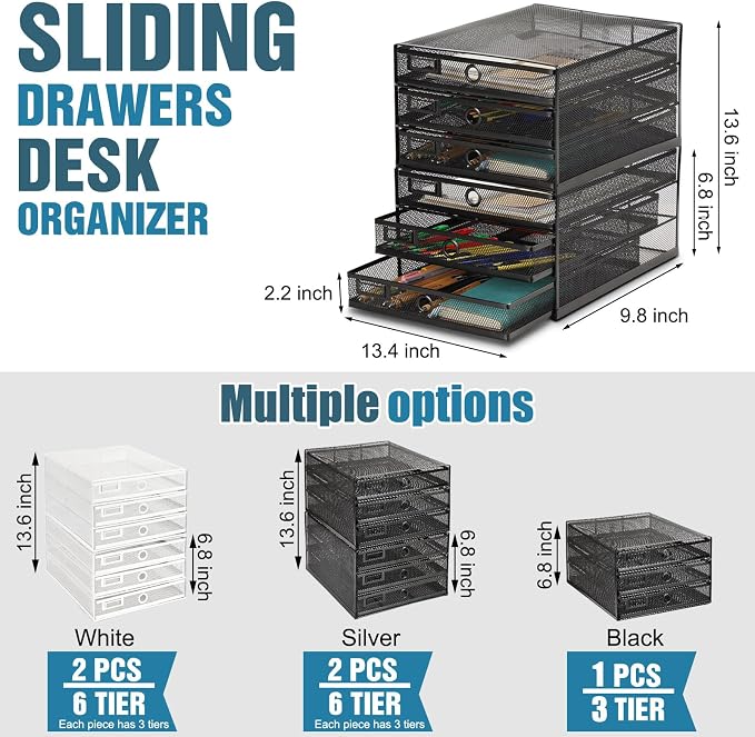 Zhanmai 2 Pack Black Desk Organizer with Drawer Total Wire Mesh Storage Tray Multifunctional Paper Sorter File Stand for Home Office Supplies Letter A4 Paper Office Accessories Back to School (3 Tier)