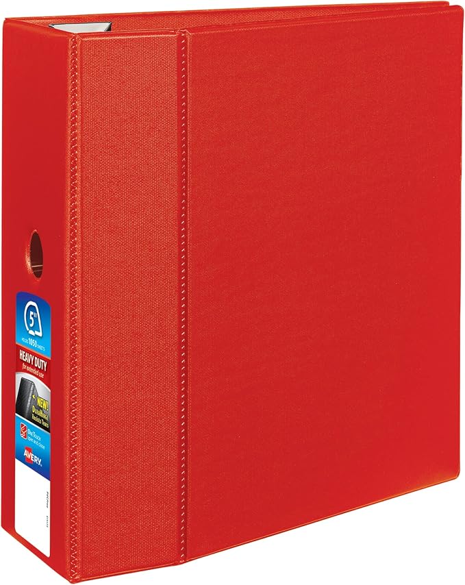Avery Heavy-Duty 3 Ring Binder, 5" EZD Rings, 1 Red Binder | For Heavy School, Home and Office Use, Tear-Resistant Spine, DuraEdge Split-Resistant Sides, Four Interior Pockets