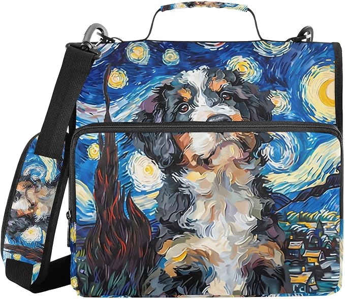 3 Ring Zipper Binder with Shoulder Strap Bernedoodle Dog Starry Night 1.5 inch Binders Keeper Large Capacity Multi Pockets for School Office Supplies