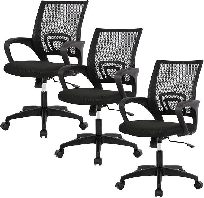 BestOffice | Ergonomic Office Chair | Mid-Back Swivel Desk Chair | Breathable Backrest & Lumbar Support | Adjustable Height | Sponge Seat | Rolling Wheels | Dark Black | for Adults & Women