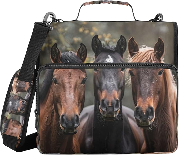 3 Ring Zipper Binder Horses Binder Organizer Portfolio with File and Shoulder Strap & Handle Large Capacity File Folder