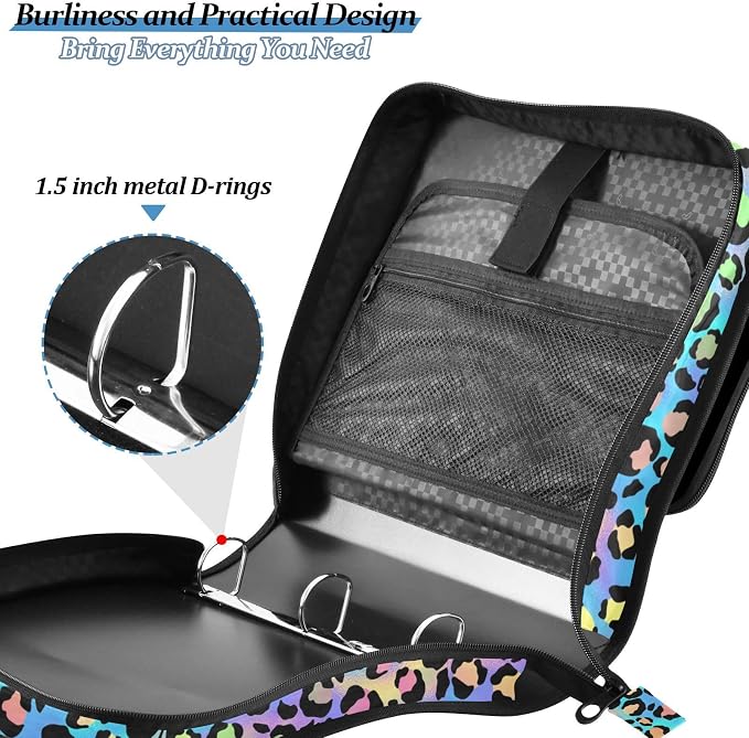 Neon Leopard Pattern 3 Ring Zipper Binder with Shoulder Strap & Handle 2 Inch D-Ring Zippered Binder Bag with Multiple Pocket & Pencil Pouch, Binder Organizer for School or Office
