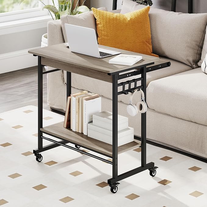 GIANTEX Rolling Computer Desk, Mobile Desk with Keyboard Tray & Wheels, Portable Laptop PC Table Cart with Shelf & Hooks, Small Desk for Small Spaces, Bedroom, Apartment (Grey Oak)