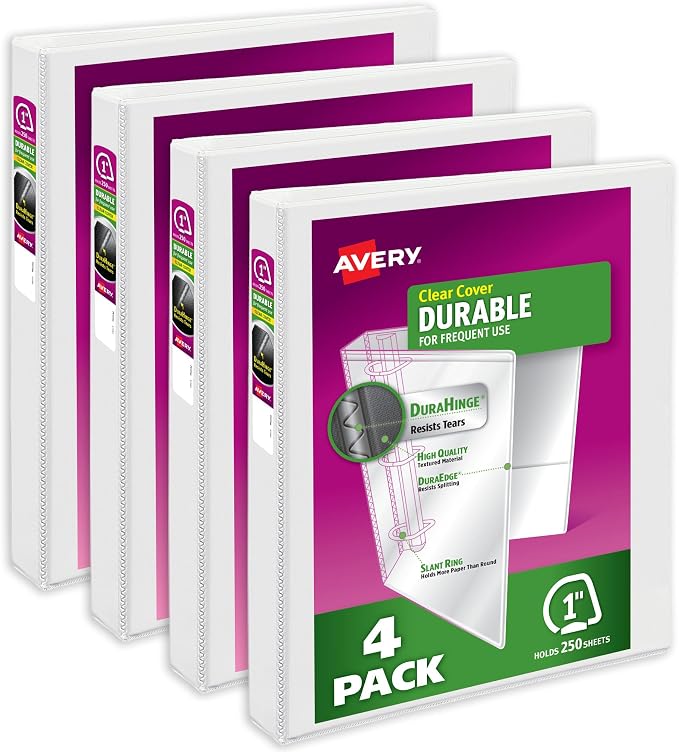 Avery Durable View 3 Ring Binders for Home, School Supplies, Office, or Organization Needs, 1" Slant Ring, 4 Pack White Binders (17575) | For Daily School, Home and Office Use, DuraHinge Tear-Resistant Spine, DuraEdge Split-Resistant Sides, Interior Po...