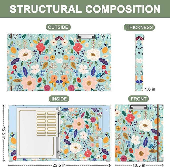 Rouidr 3 Ring Binder with clipboard, 1 inch 8.5 x 11 in Letter Size View Binders Organizer with Dividers Tabs & Clear Sleeves, School Supplies, Office Supplies, Green Flower