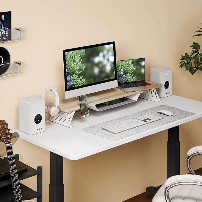 Fenge Dual Monitor Stand, Wooden Desk Shelf with Headphone & Phone Holder | 42.5" Monitor Riser with Storage Shelf, 2-Tier Monitor Shelf with Metal Leg for Home Office Organizer, Oak
