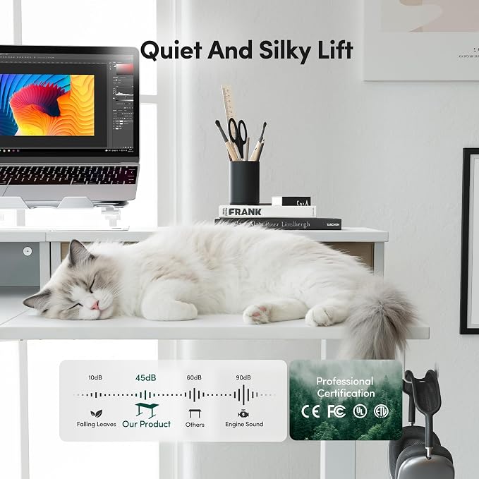 CubiCubi 63x48 Inches L Shaped Standing Desk with 3 Drawers and Monitor Shelf, Height Adjustable Corner Computer Desk with Hooks, Sit Stand Up Ergonomic Home Office Workstation Table, Warm White