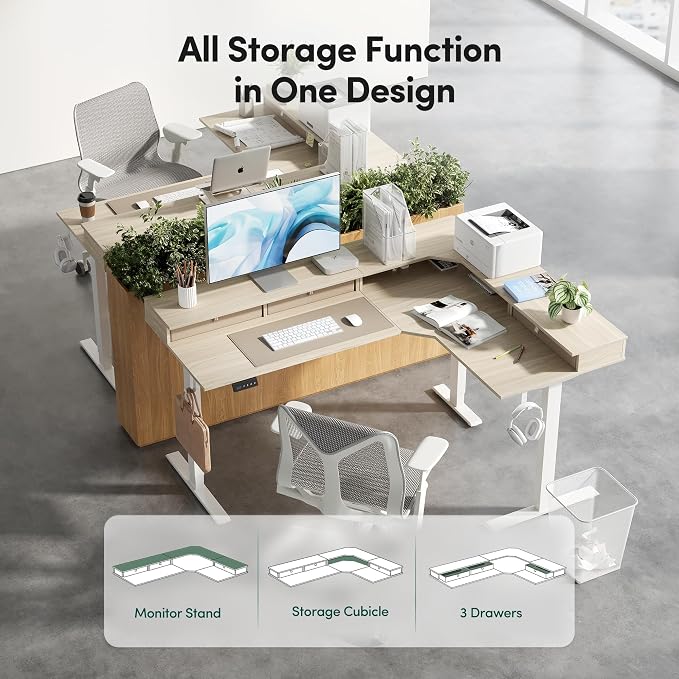 CubiCubi 63x48 Inches L Shaped Standing Desk with 3 Drawers and Monitor Shelf, Height Adjustable Corner Computer Desk with Hooks, Sit Stand Up Ergonomic Home Office Workstation Table, Light Walnut