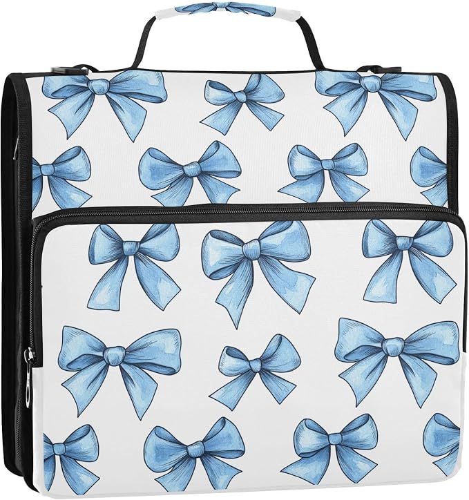 Pretty Blue Bow Zipper Binder with Shoulder Strap Bag 3 Ring Binder Organizer Large Capacity Multiple Compartments for School Office