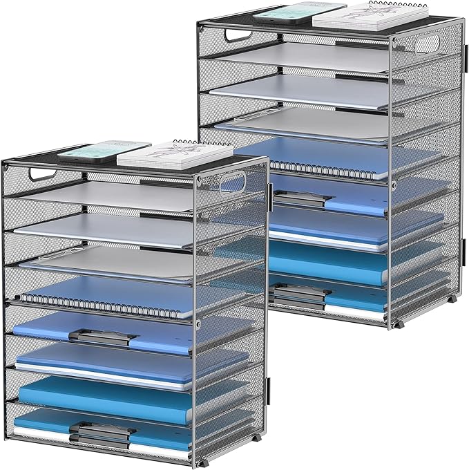 DALTACK 9-Tier Paper Letter Tray Desk Organizer with Handles, Mesh File Holder Organization, Paper Sorter Desk Organizer for Office Home School, Black 2 Pack