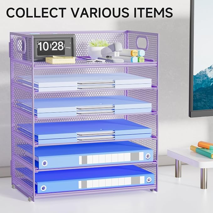 Purple Paper Organizer for Desk with Handle, 6-Tier | Metal Mesh File Organizer, Stackable Desktop Organizer for Office Supplies & Stationery Storage