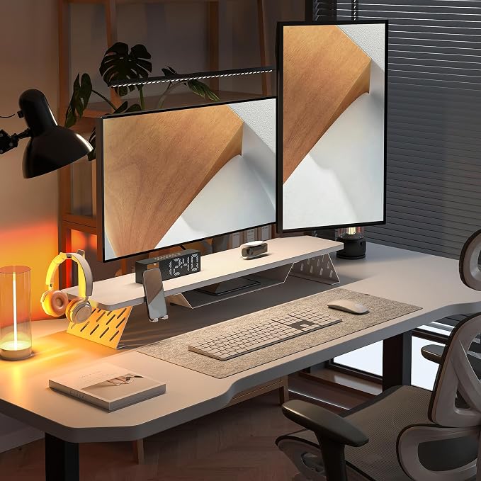 Fenge Dual Monitor Stand, Wooden Desk Shelf with Headphone & Phone Holder | 42.5" Monitor Riser with Storage Shelf, 2-Tier Monitor Shelf with Metal Leg for Home Office Organizer, White