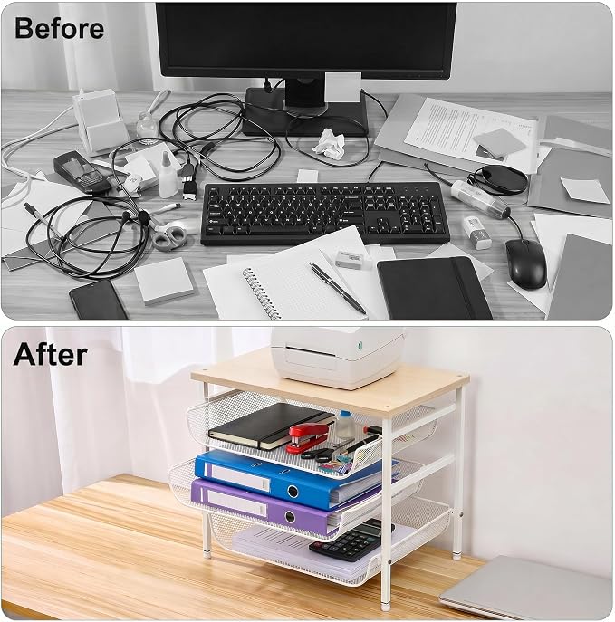 4-Tier Printer Stand for Desk with Storage Drawer Wooden Top Printer Shelf Metal Desktop Organizer Paper Organizer Printer Table for Home Office Accessories White