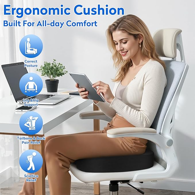 XXLSeat Cushion Office Car Seat Cushion, Memory Foam Cushion for Office Chair, Car Seat, Airplane, Bleacher Non-Slip Chair Pad, Butt Pillow for Desk, Wheelchair, Car (Black)