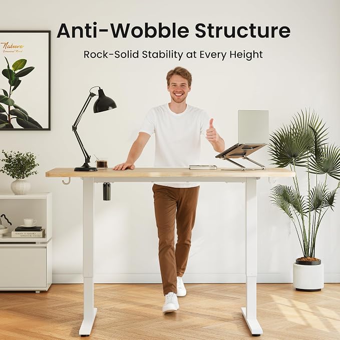 DESINO Standing Desk, 48 × 24 Inches Electric Height Adjustable, Sit and Stand Up, Computer Office Desk with Splice Board, White Frame/Oak TOP