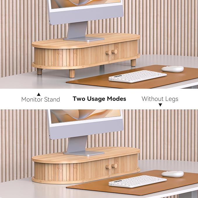 Bamboo Monitor Stand with Storage, 25 Inch Desk Shelf Riser | Curved Computer Laptop Stand Desk Shelf Organizer with Sliding Doors for 47-55 Inch Desk