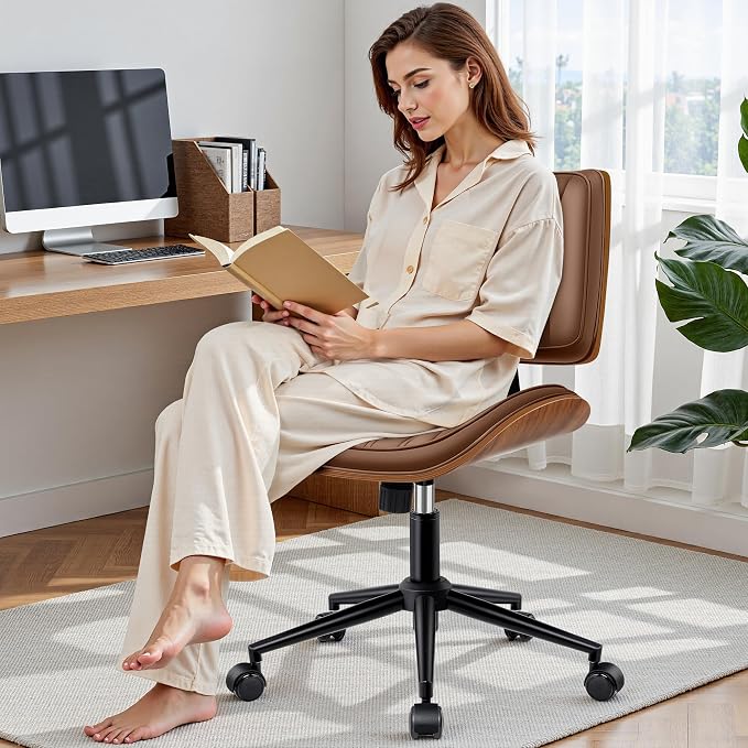 Ergonomic Armless Office Desk Chair - Mid-Century Modern Brown Faux Leather with Diamond Stitch, Adjustable Height Swivel Rolling Task Computer Chair with Walnut Accent for Home Office, Study & Work