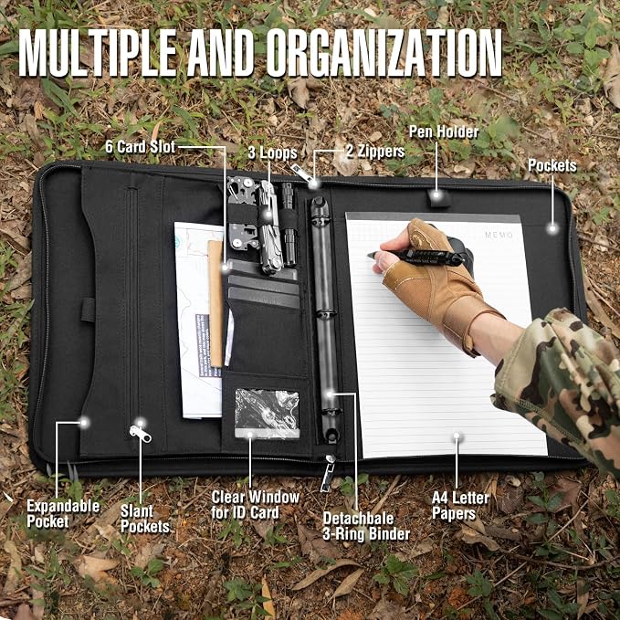 Kosibate Tactical Padfolio Portfolio Binder with Zipper and 25 Sheets of Letter Size Paper,Notebook Cover,Tactical Notebook with Zippered for Folders,Detachable 3-Ring Binder(A4,Black,13.5X 11.5Inch)