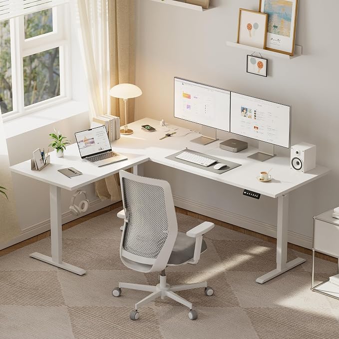 Agilestic 75 x 61 Inch L Shaped Standing Desk with Powerstrip, White | Outlets, Cable Management, Corner Desk, Ample Workspace, Memory Presets, Hooks, Stable Steel Frame,176 lbs, Splice Board