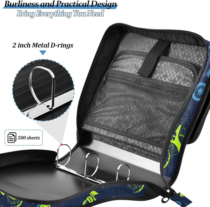 Fisyme Vintage Motocross Dirt Bike Zipper Binder 3 Ring with Zipper and Shoulder Strap Large Capacity Multi-Pocket Binder Organizer