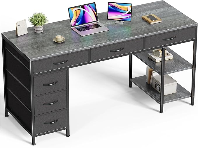 Huuger Computer Desk with 6 Drawers, Office Desk with Shelves, Reversible Gaming Desk, Corner Desk with Storage, Work for Home Office, Study, Living Room, 54inch, Grey