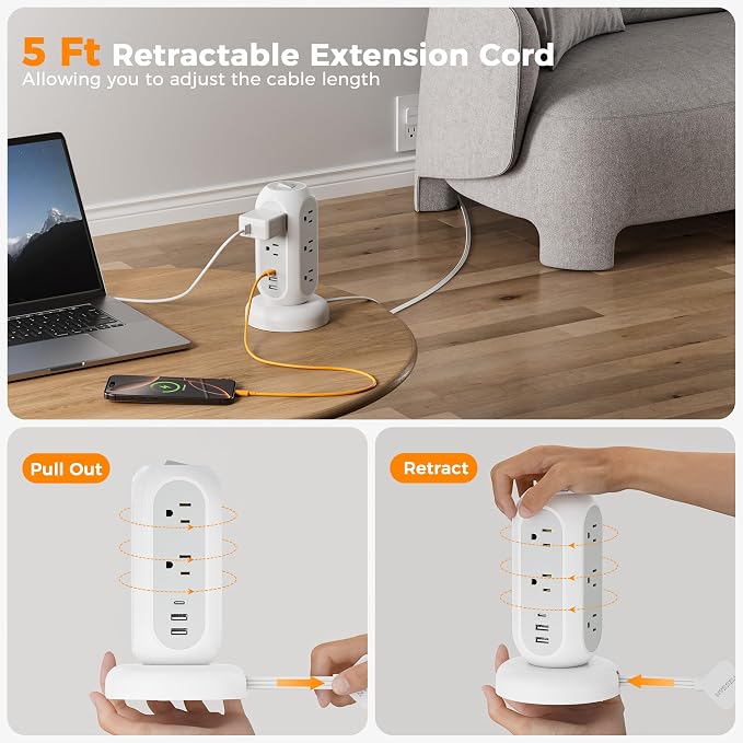 TESSAN Tower Power Strip Flat Plug with 1050J Surge Protection, 5 Ft, Grey | 11 Outlets 3 USB (1 USB C), Surge Protector Power Tower, Retractable Extension Cord with Multiple Outlets for Dorm, Office