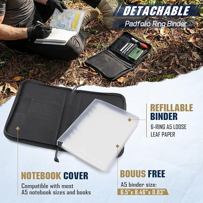 Molle Notebook Cover with Detachable A5 Clear Plastic 6-Ring Binder | 6.9x10" Zip Book Cover, 80 Refill Line Papers, 1“ O-Ring Padfolio binder, for Gift Planners Travel Feild Work School