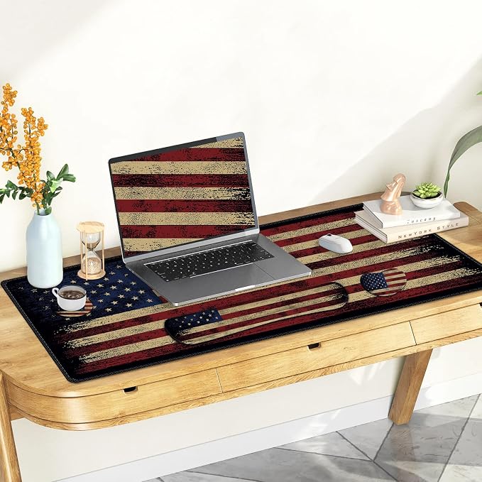Desk Mat Pad, Gaming Mouse Pad Wrist Support Set, 4 in1 Non-Slip XXL Large Mousepad + Ergonomic Keyboard Wrist Rest+Mouse Wrist Rest+Coaster for Home Office PC Computer I Vintage American Flag